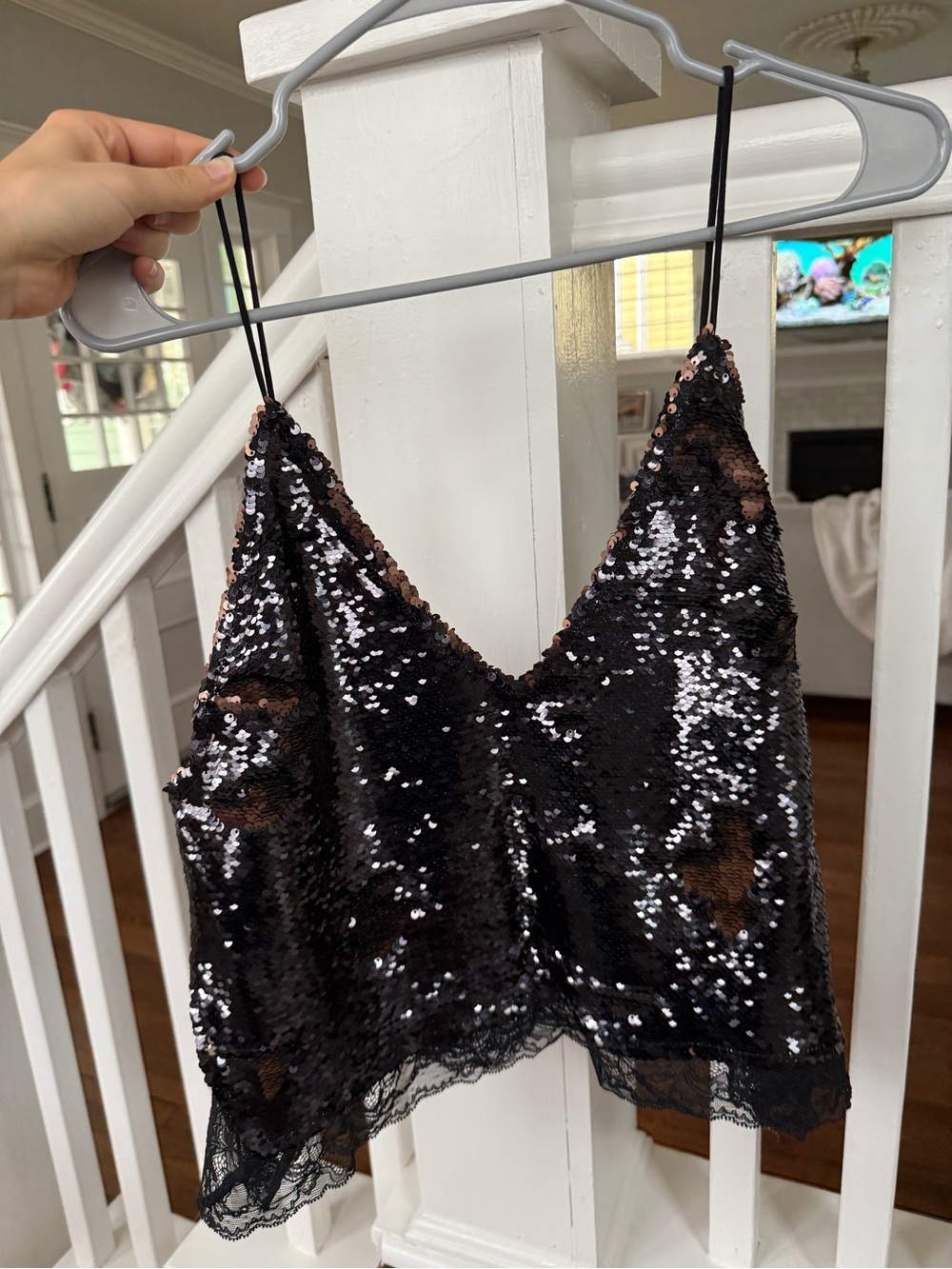 Free People Black Sequin Lace Trim Camisole